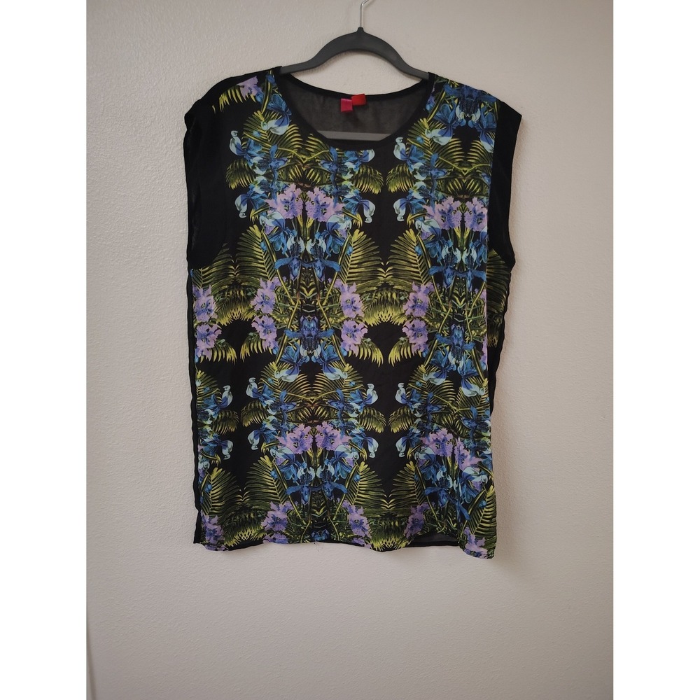 H&M Tropical Floral Mirrored Print Sleeveless Blouse Black Sheer Back‎ Large